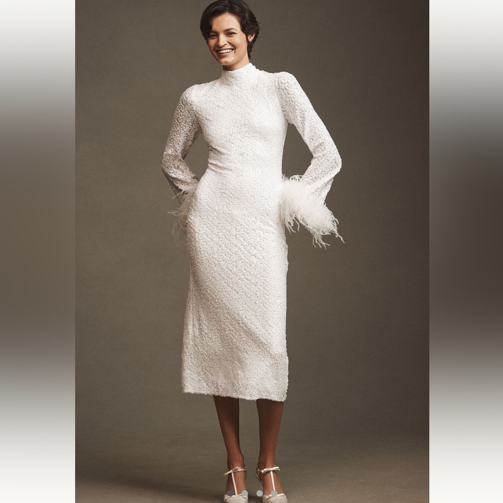 Hutch Long-Sleeve Mock-Neck Faux-Feather Sequin Column Midi Dress NWT